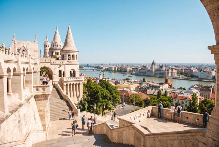 Die Fischerbastei in Budapest mit Blick auf die Donau.