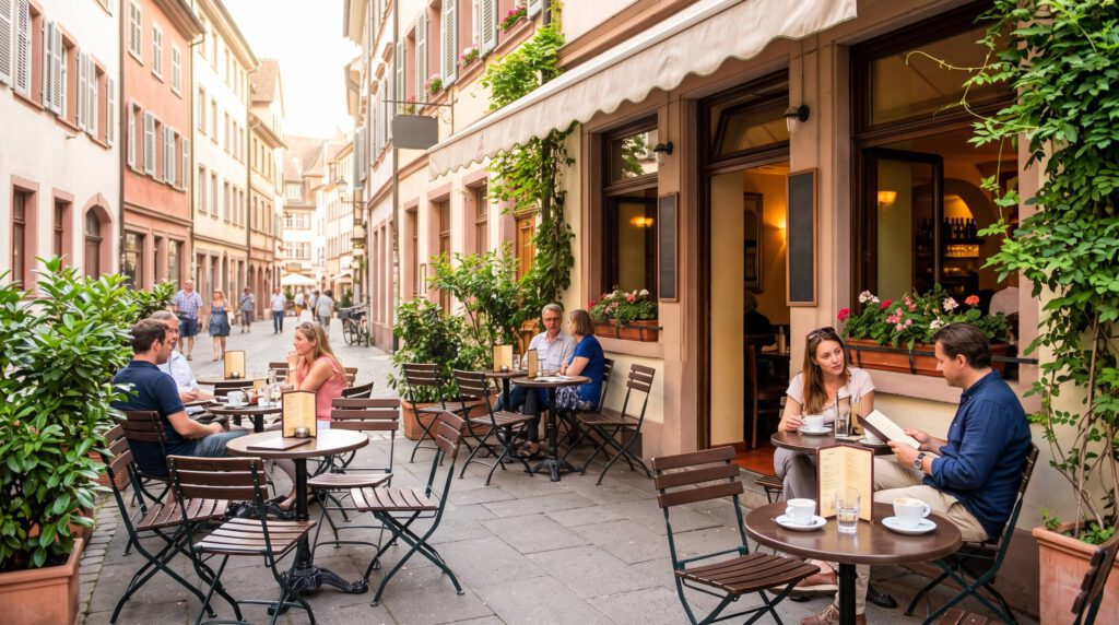 Eine natürliche Momentaufnahme eines gemütlichen Straßencafés in einer historischen europäischen Altstadt,