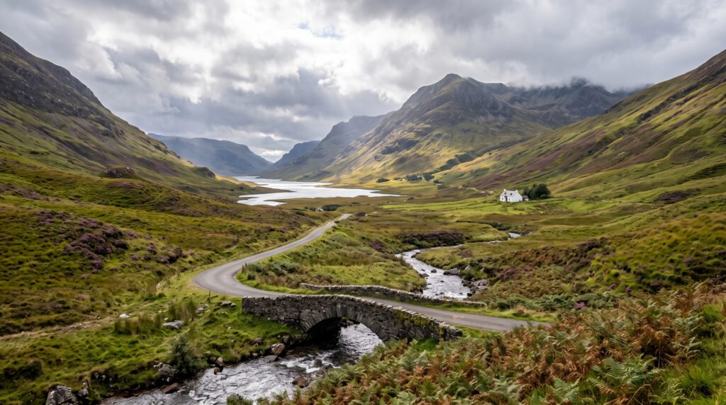 Eine raue, weite Landschaft der schottischen Highlands mit sanften Bergen, einem verwinkelten Pfad, einer historischen Steinbrücke und einem See im Hintergrund.
