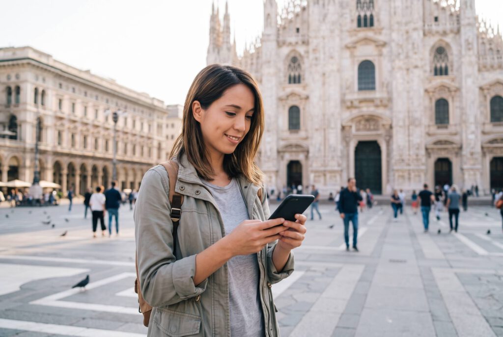 Eine Reisende mit einem Smartphone auf dem Piazza del Duomo in Mailand.