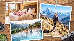Eine Collage: Oben links ein Hotelzimmer mit Betten, rechts eine wandernde Frau auf einem Bergweg und unten links ein Pool mit Blick auf eine Berglandschaft.