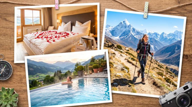 Eine Collage: Oben links ein Hotelzimmer mit Betten, rechts eine wandernde Frau auf einem Bergweg und unten links ein Pool mit Blick auf eine Berglandschaft.