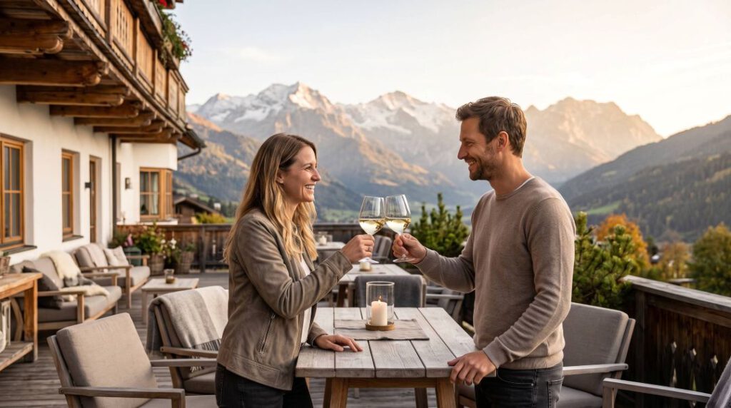 Ein Paar stößt mit einem Glas Wein auf einer Hotelterrasse an. Im Hintergrund Berge.