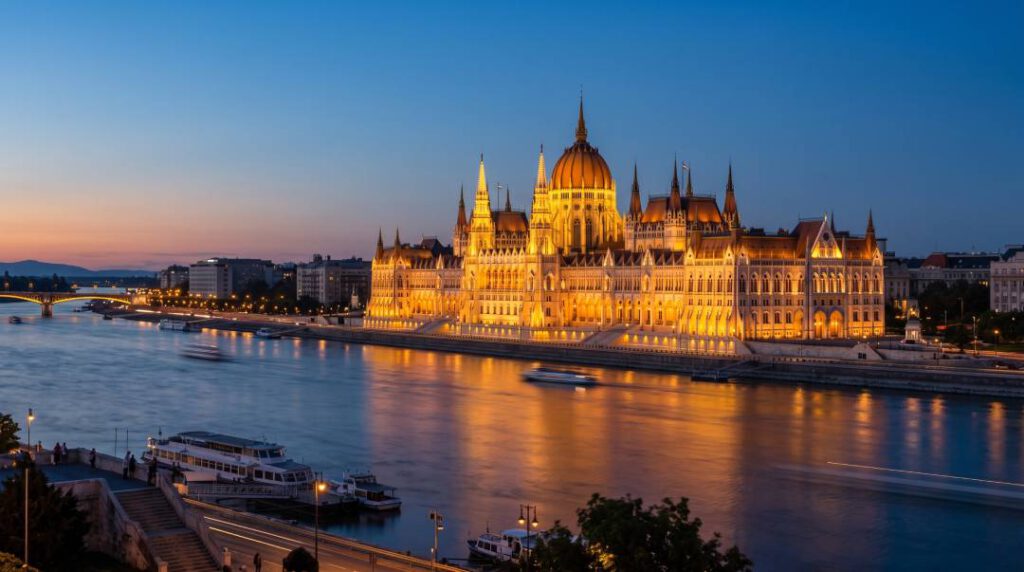 Das ungarische Parlament in Budapest beleuchtet zur blauen Stunde.